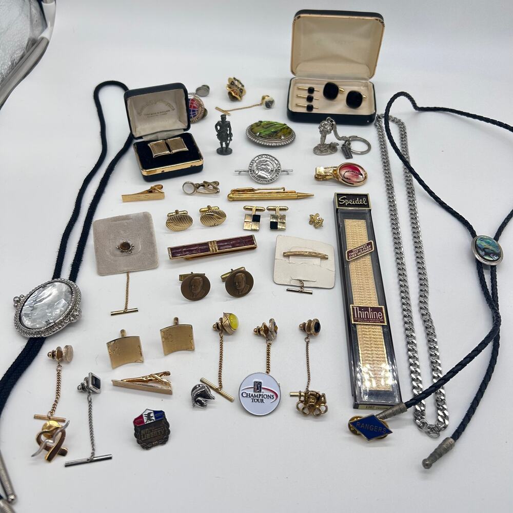 Vintage Estate Men's Jewelry Accessory Lot Tie Bars Pins Clip Bolo Trinkets